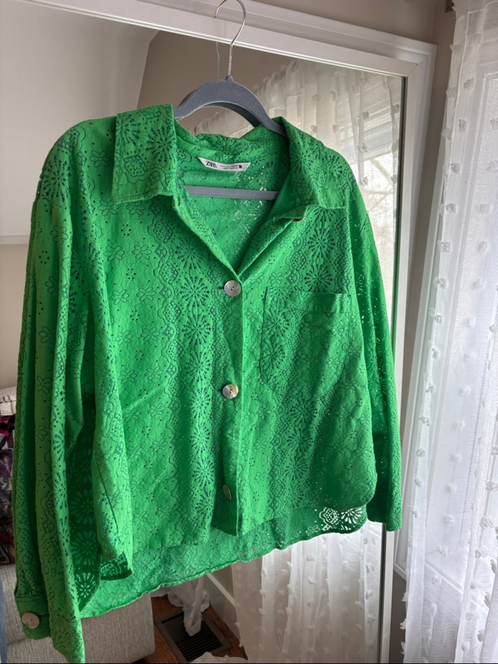 Zara Bright Green Lace Button-Down Shirt